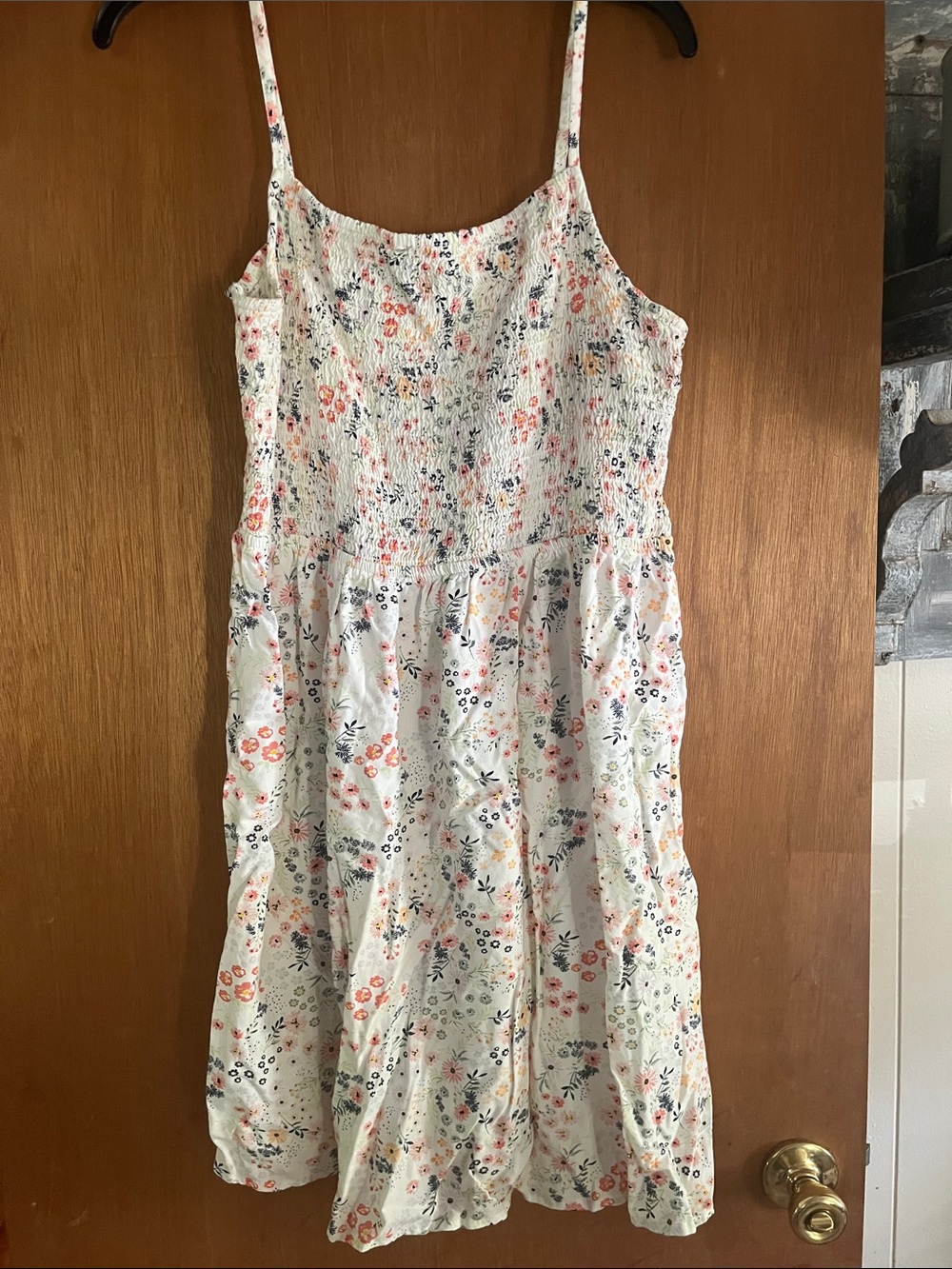 SO White Floral Smocked Mini Dress with Coral & Navy Accents
